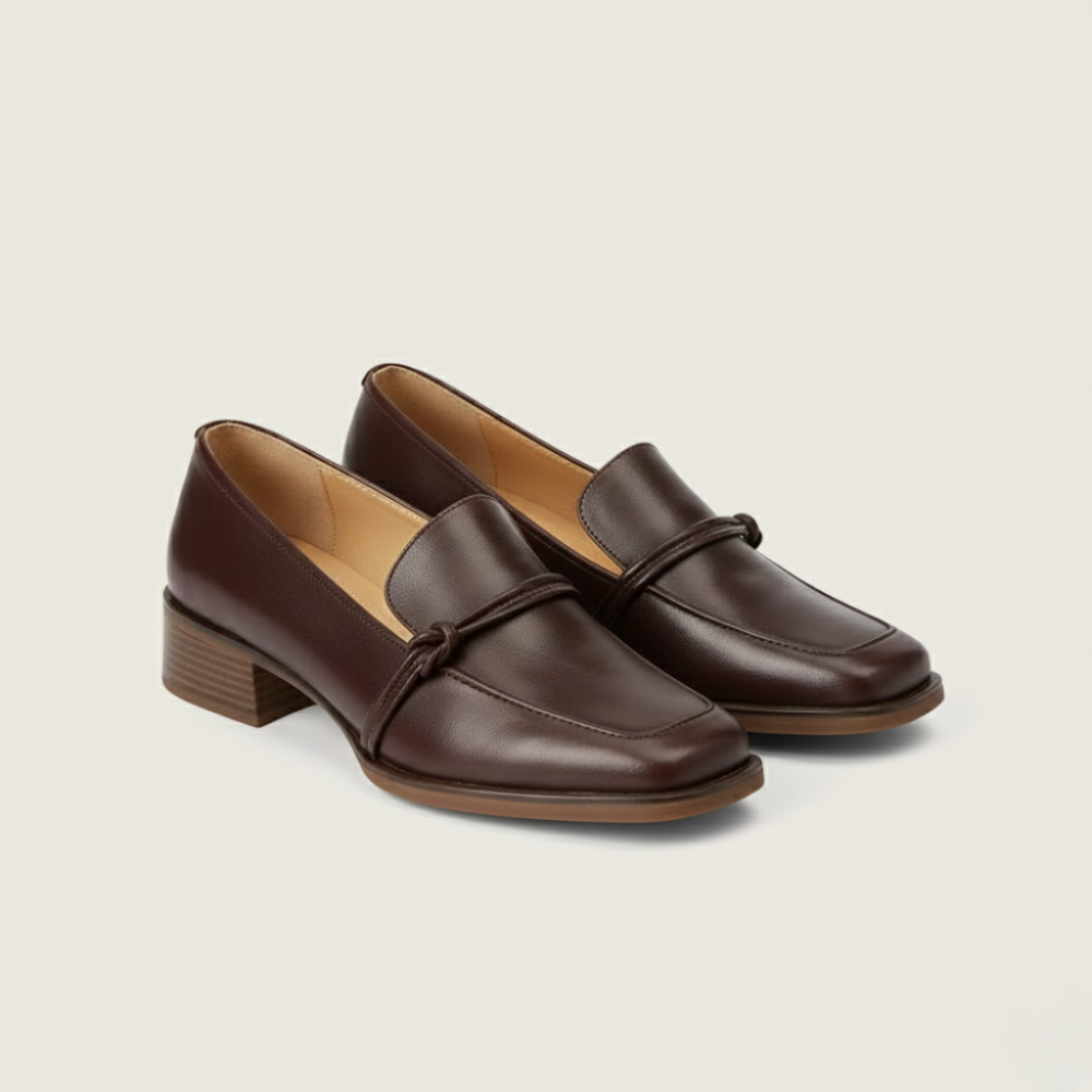 Pair of brown loafers on a beige background for women
